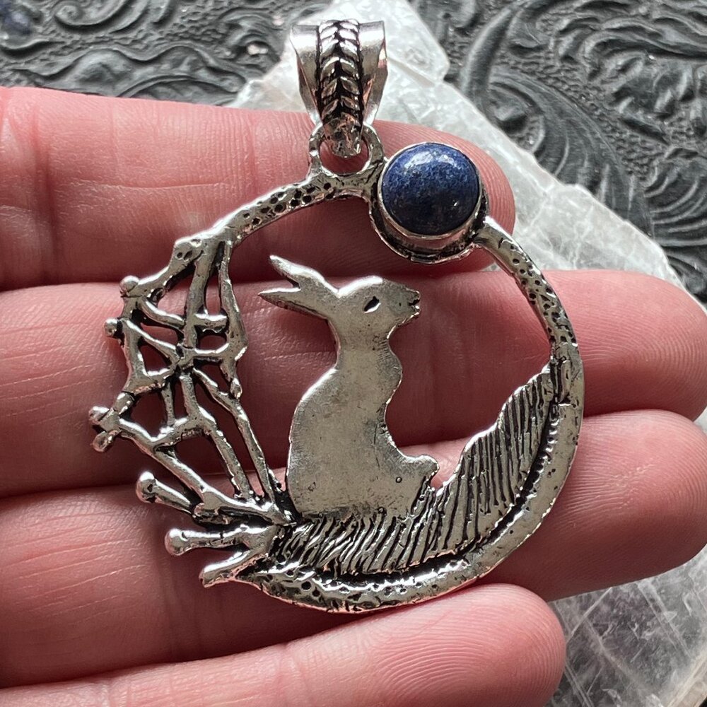 Bunny Rabbit with a Lapis Lazuli Moon or Sun Crystal Stone Jewelry Pendant